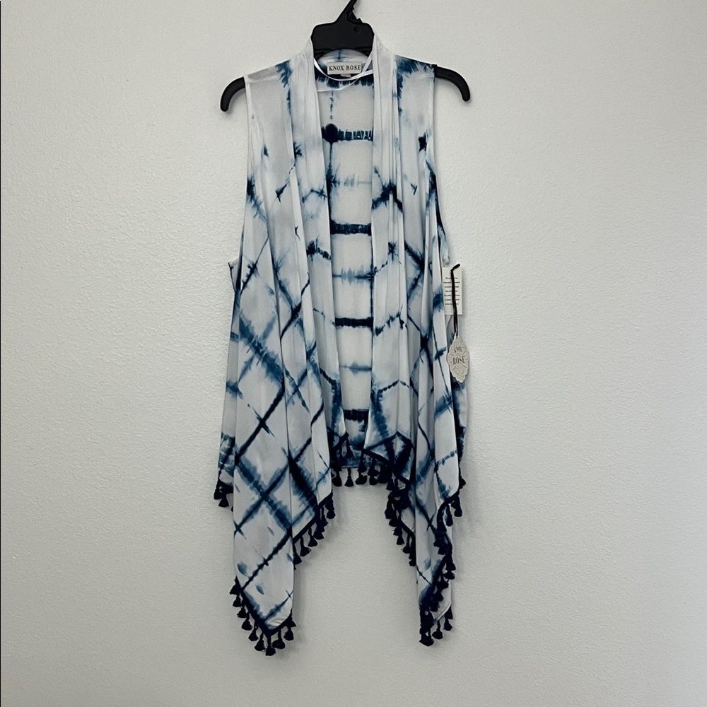 Knox Rose Tie Dye Tassel Kimono blue and White waterfall Large Denim Blue